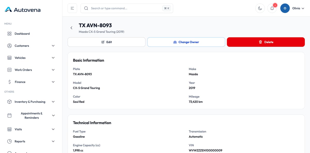 A vehicle record with its full service history, open in a browser