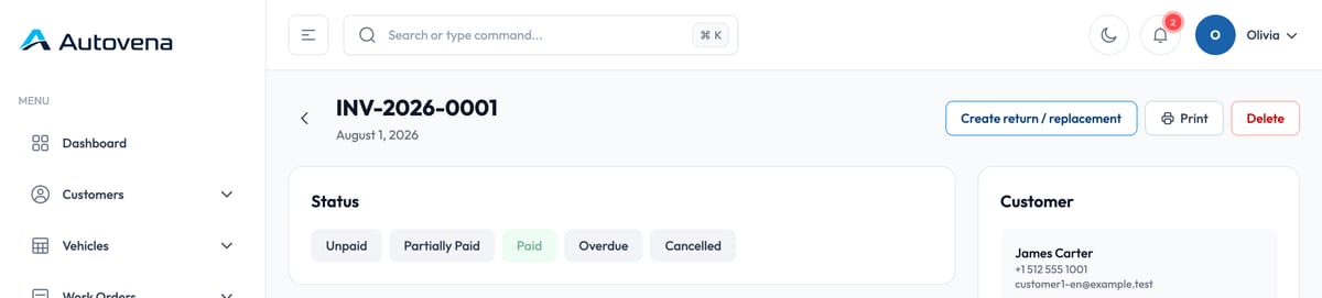 Autovena workshop management screen