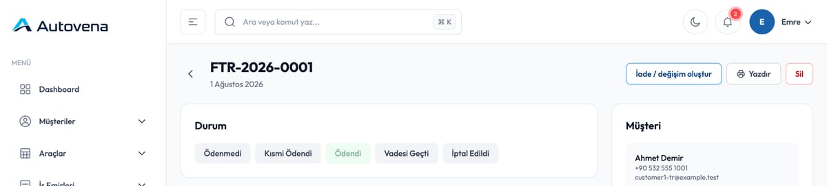 Autovena servis yönetim ekranı