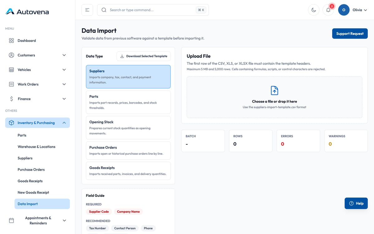 The data import screen with template types, a file upload area and a field guide.